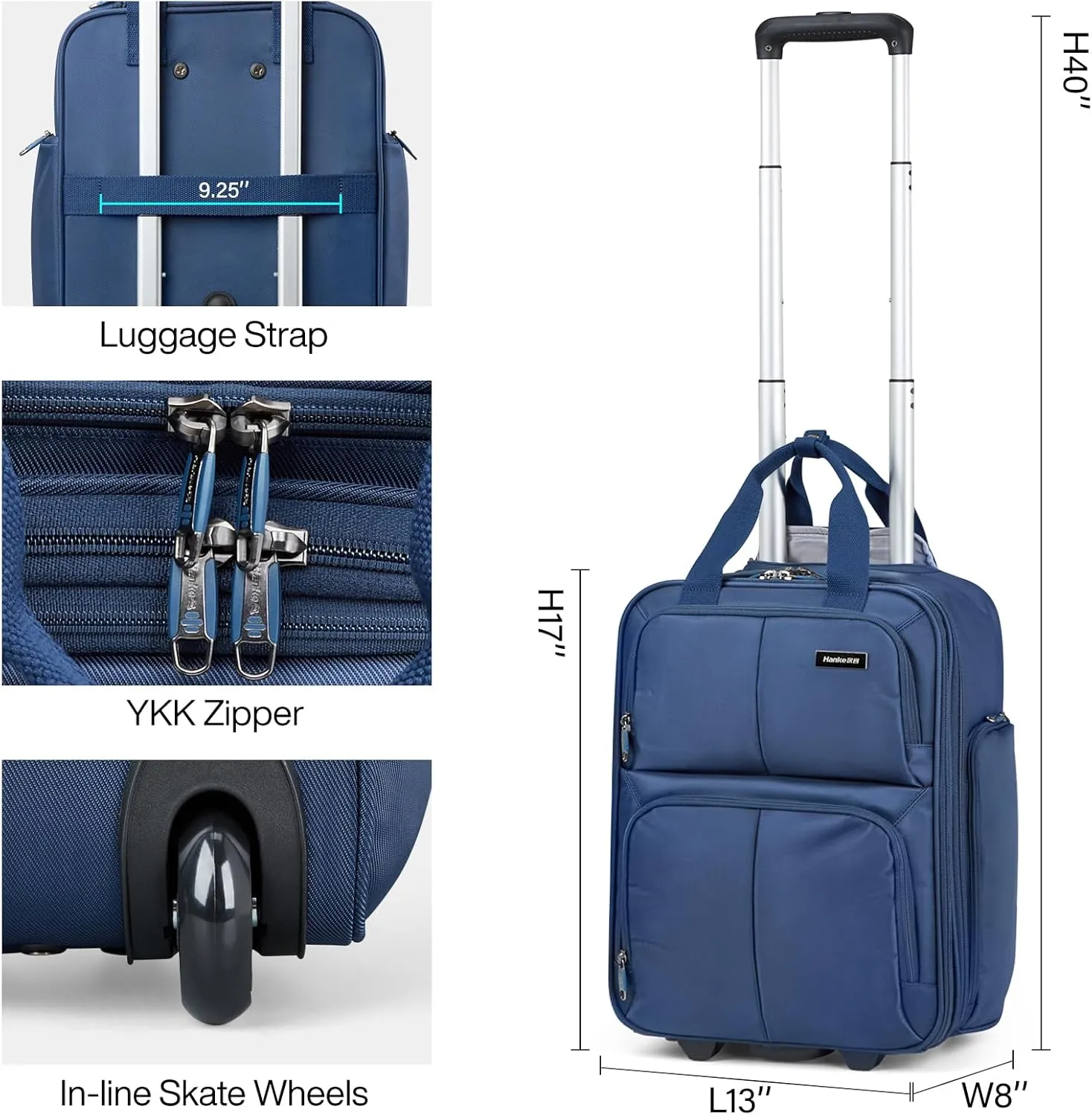 Hanke Softside Underseat Carry On Luggage with Wheels,Travel Luggage Rolling Bag Small Suitcase，Blue, Underseater 16-Inch