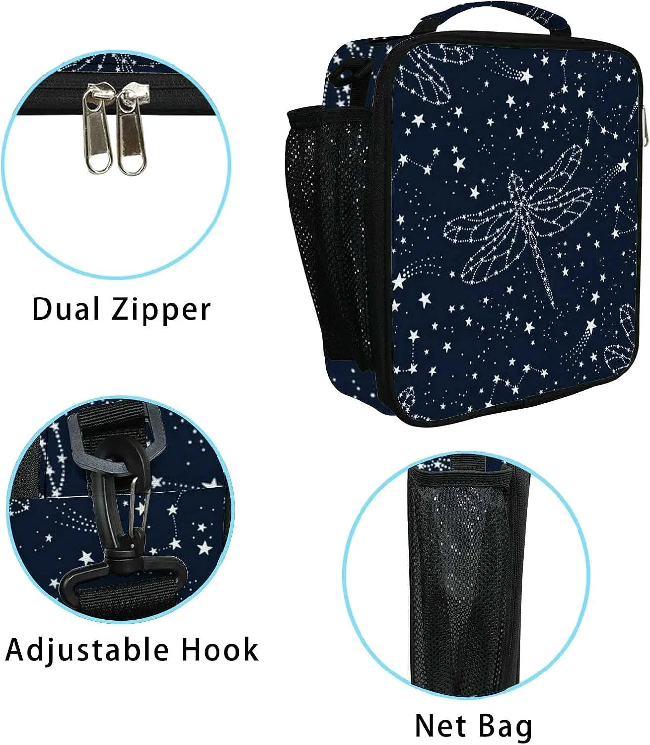 Hapuxt Lunch Box Lunch Bag with Adjustable Shoulder Strap Tote for Women Men Astronomical Dark Blue White Insulated Waterproof Resable Zipper Outdoor Work Office Picnic