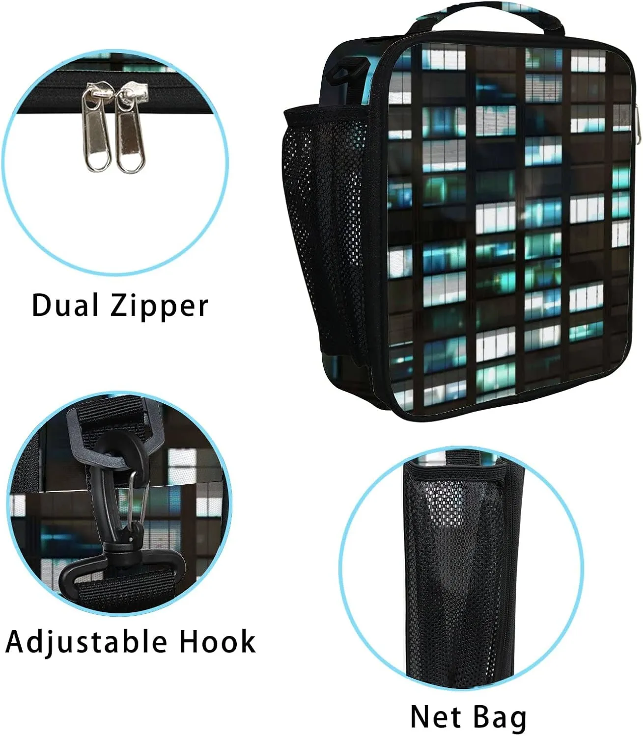 Hapuxt Lunch Box Lunch Bag with Adjustable Shoulder Strap Tote for Women Men Illuminated Windows Tall Building at Night Insulated Waterproof Resable Zipper Outdoor Work Office Picnic