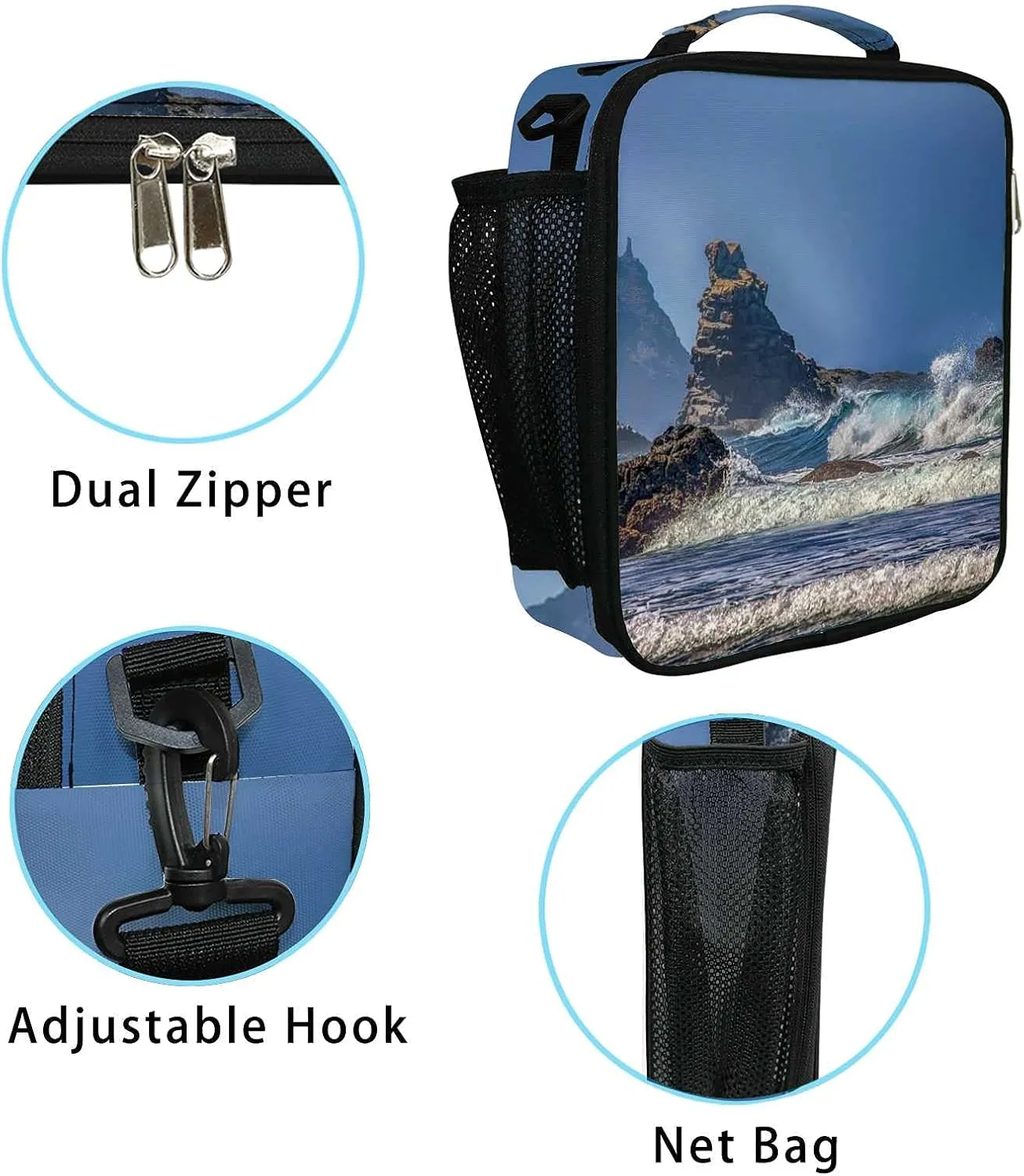 Hapuxt Lunch Box Lunch Bag with Adjustable Shoulder Strap Tote for Women Men Sea Waves Turbulent Blue Insulated Waterproof Resable Zipper School Outdoor Work Office Picnic