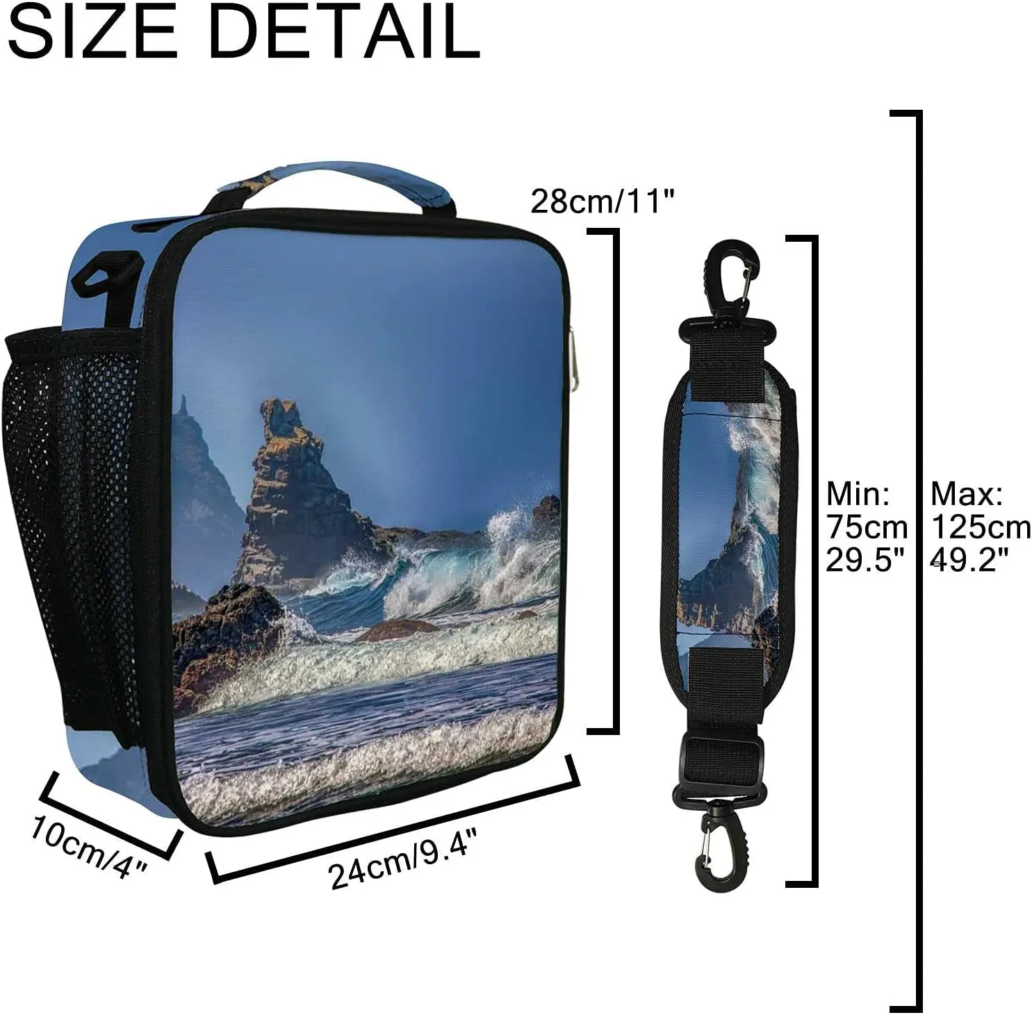 Hapuxt Lunch Box Lunch Bag with Adjustable Shoulder Strap Tote for Women Men Sea Waves Turbulent Blue Insulated Waterproof Resable Zipper School Outdoor Work Office Picnic