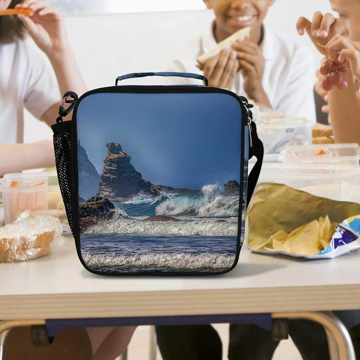 Hapuxt Lunch Box Lunch Bag with Adjustable Shoulder Strap Tote for Women Men Sea Waves Turbulent Blue Insulated Waterproof Resable Zipper School Outdoor Work Office Picnic