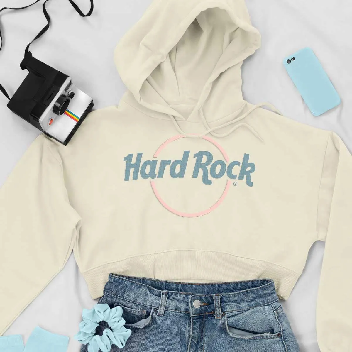 Hard Rock Women's Pop Of Color Fleece Crop Hoodie Beige