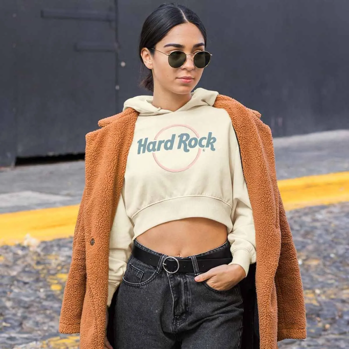Hard Rock Women's Pop Of Color Fleece Crop Hoodie Beige