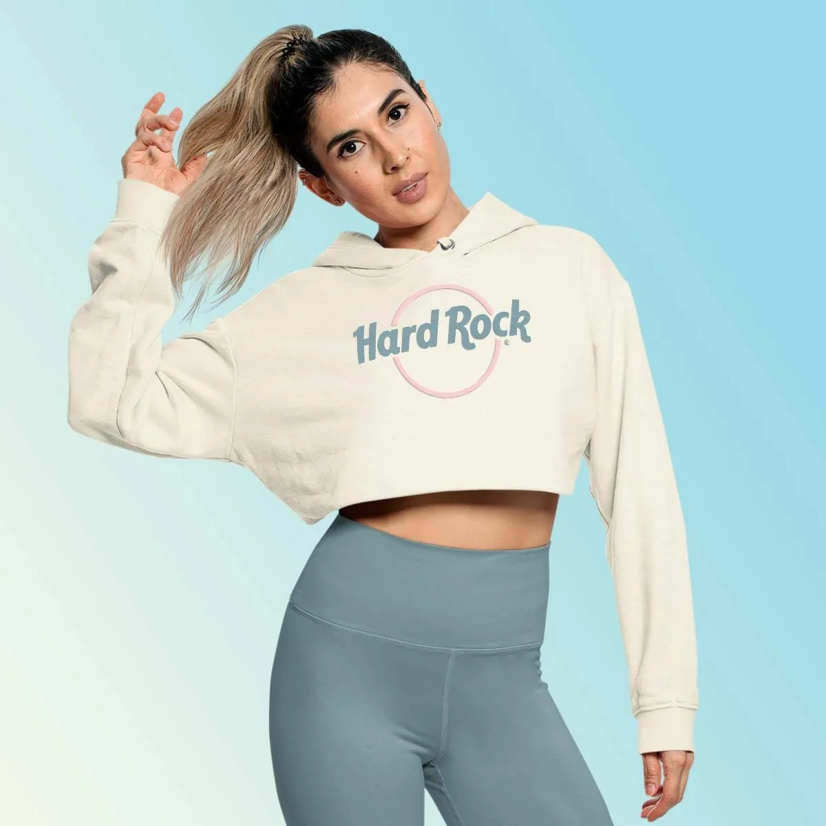 Hard Rock Women's Pop Of Color Fleece Crop Hoodie Beige