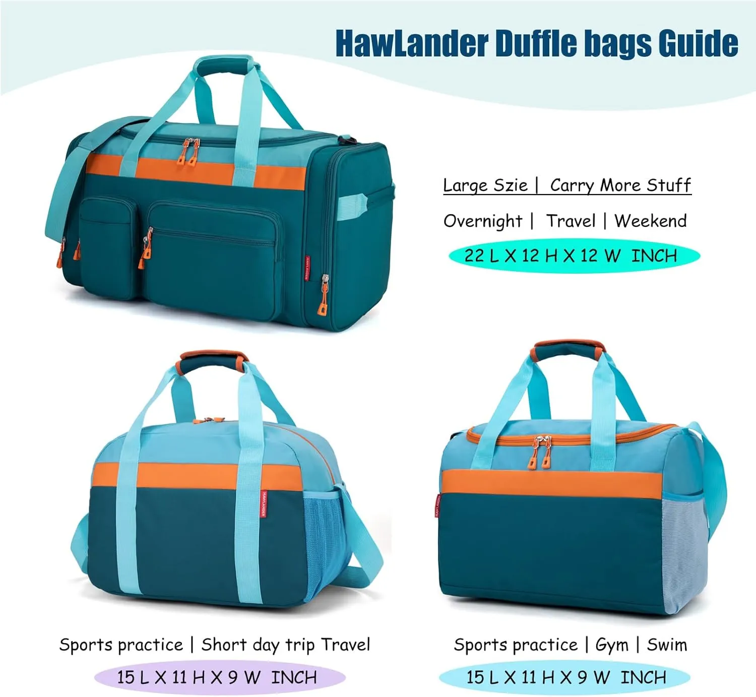 HawLander Kids Duffle Bag for Boys or Girls, Fit School Practice, or Overnight Travel (Blue Green)