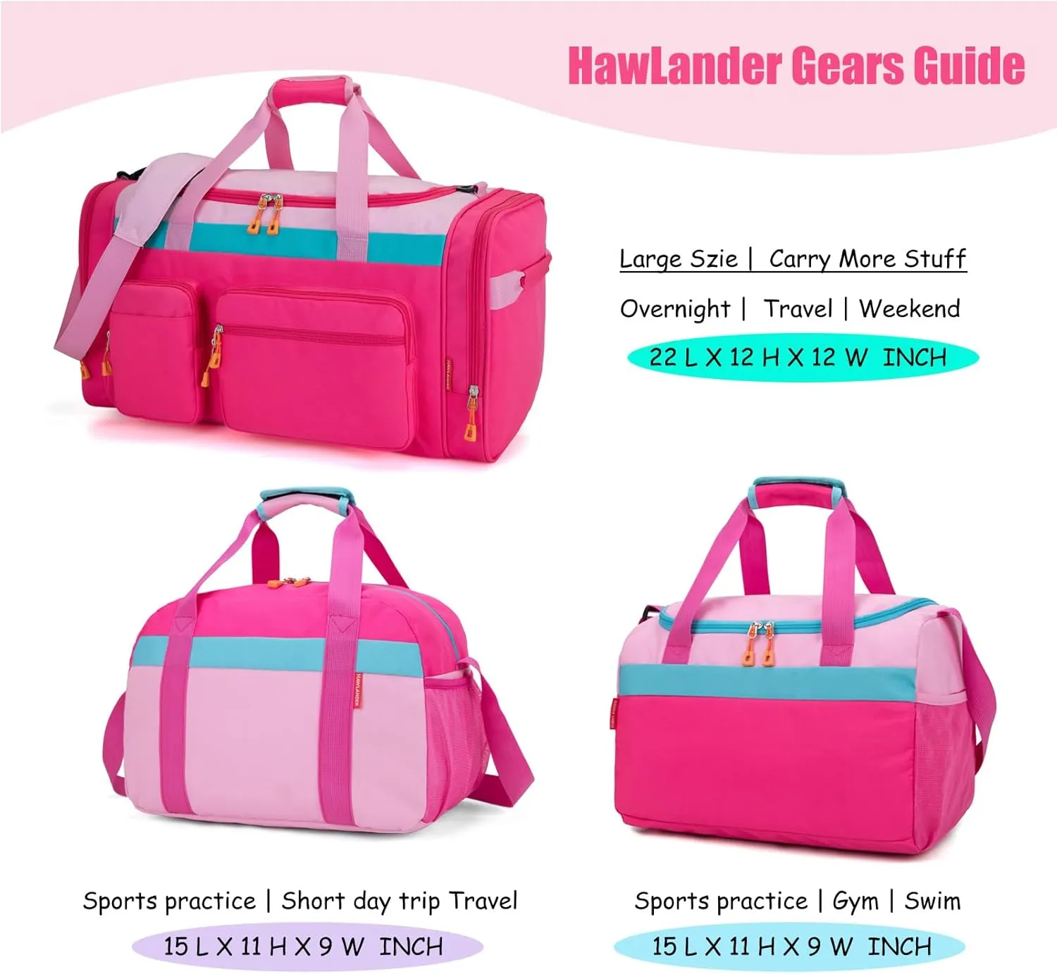 HawLander Kids Duffle Bag for Boys or Girls, Fit School Practice, or Overnight Travel (Pink)