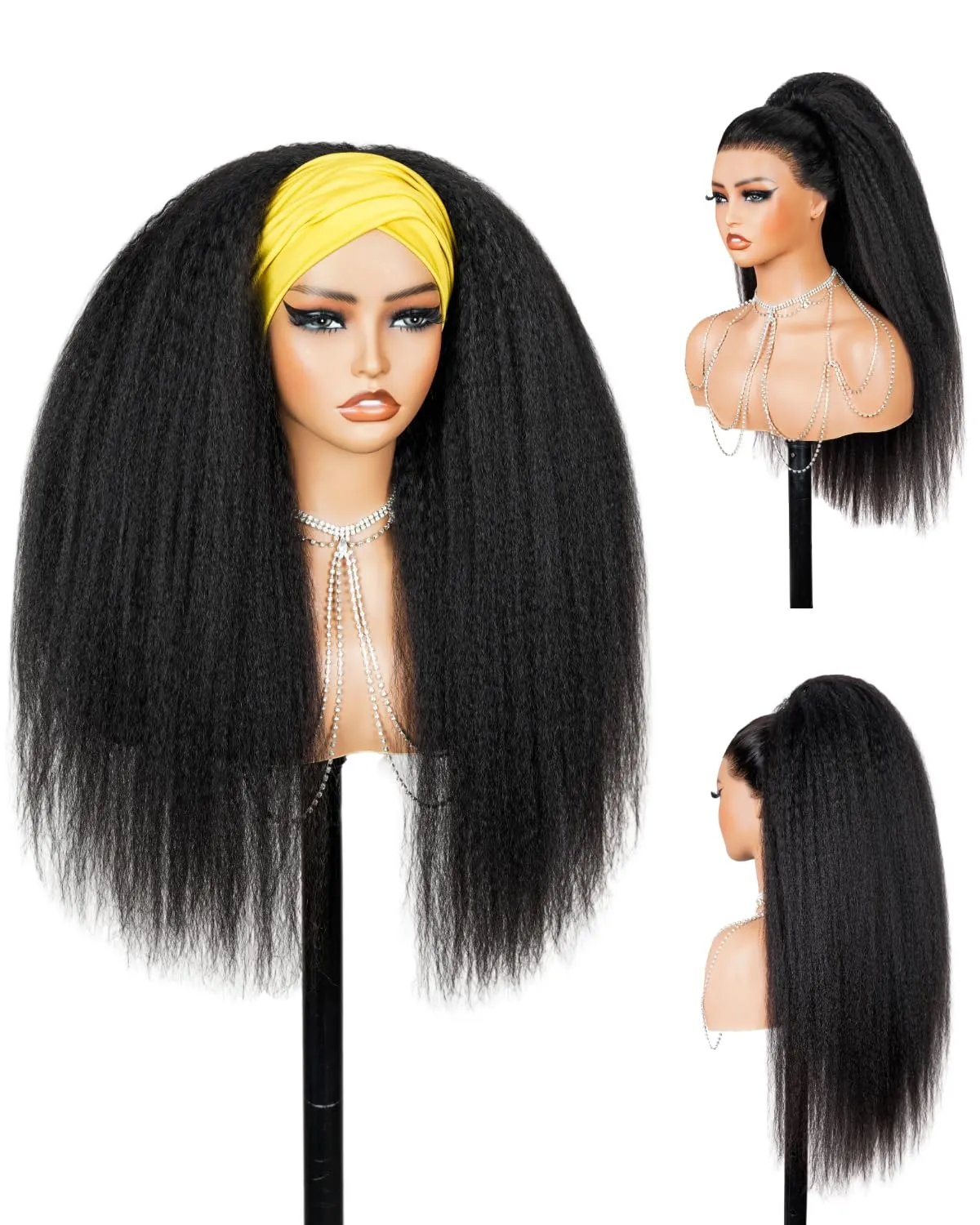 Headband Wig Human Hair Yaki Straight Human Hair Half Wig Ponytail Extension Machine Made Headband Wig, Drawstring Ponytail for Black Women 20 Inch