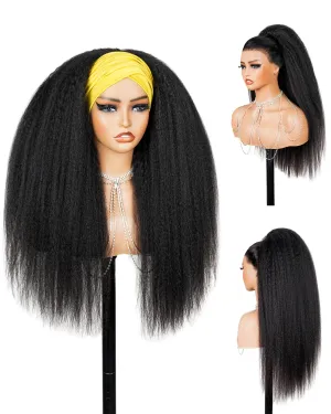 Headband Wig Human Hair Yaki Straight Human Hair Half Wig Ponytail Extension Machine Made Headband Wig, Drawstring Ponytail for Black Women 20 Inch