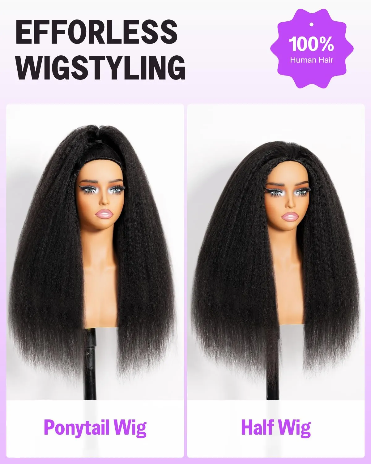 Headband Wig Human Hair Yaki Straight Human Hair Half Wig Ponytail Extension Machine Made Headband Wig, Drawstring Ponytail for Black Women 20 Inch