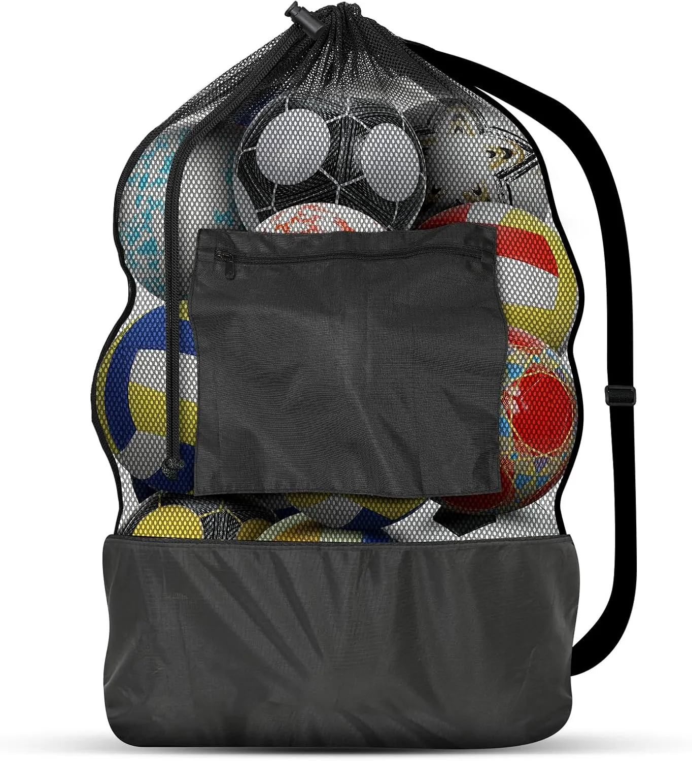 Heavy Duty Mesh Ball Bag with Zipper Pocket, Breathable Tear Resistant Drawstring Soccer Ball Bag with Adjustable Shoulder Strap for Various Balls, Beach Toys