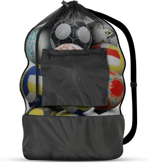 Heavy Duty Mesh Ball Bag with Zipper Pocket, Breathable Tear Resistant Drawstring Soccer Ball Bag with Adjustable Shoulder Strap for Various Balls, Beach Toys