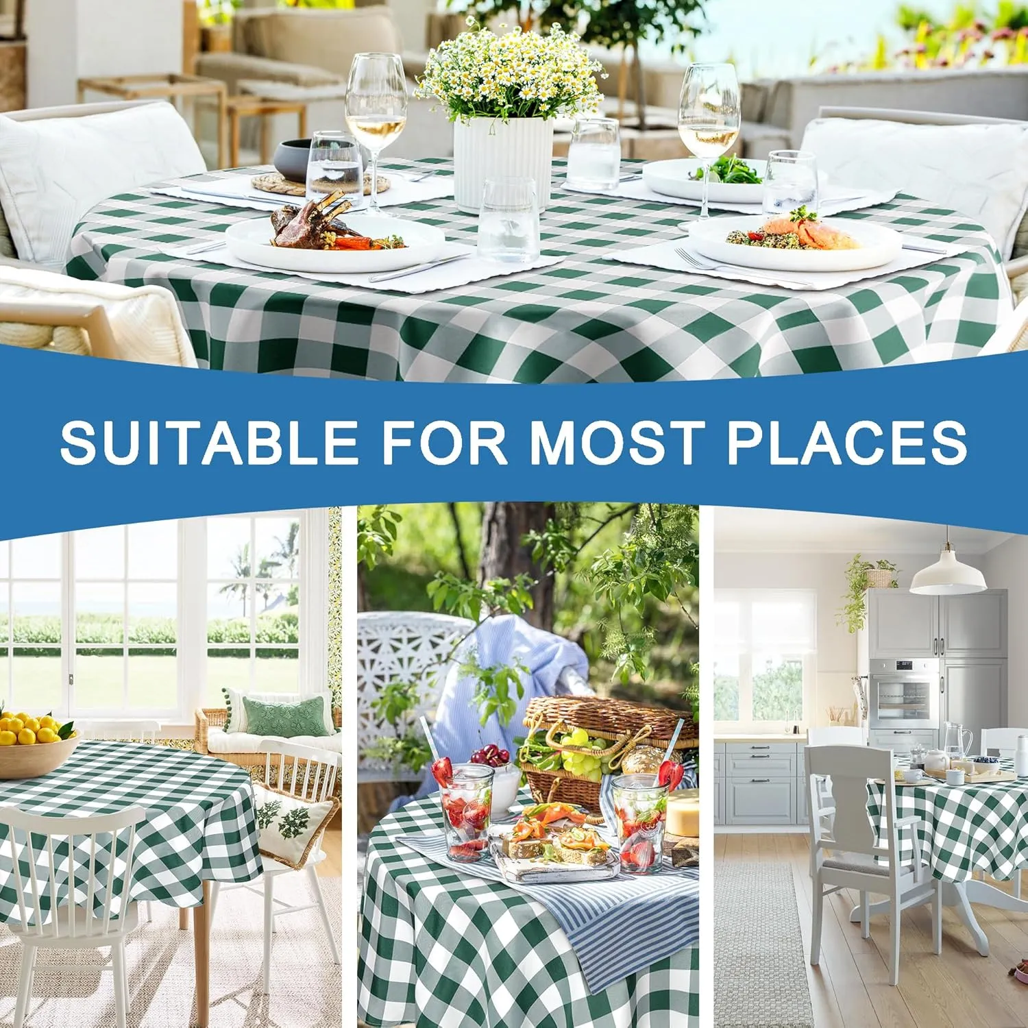 Hiasan Checkered Round Tablecloth 90 Inch for - Waterproof Stain and Wrinkle Resistant Washable Fabric Table Cloth for Dining Room Party Outdoor Picnic, Forest Green and White