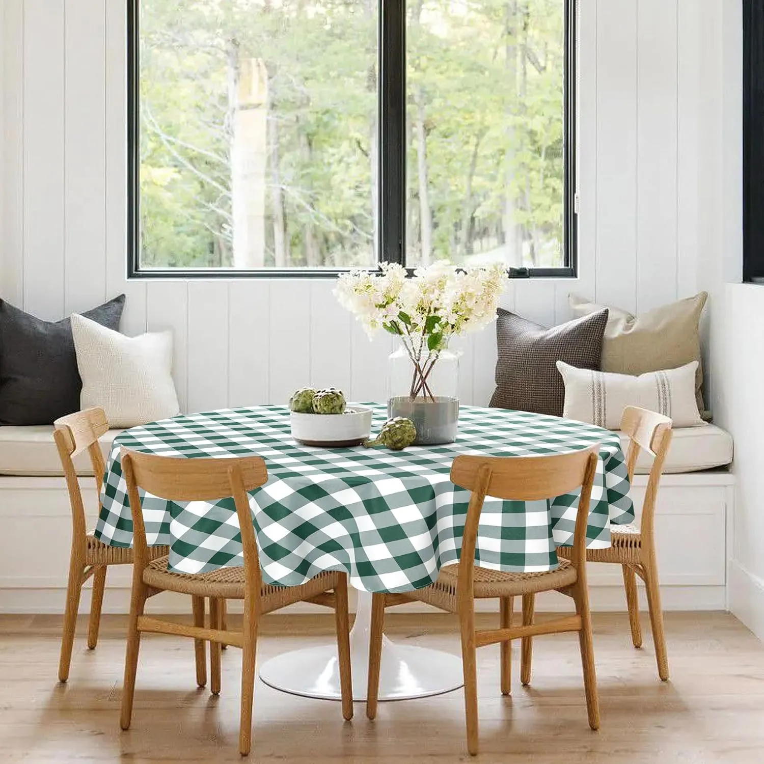 Hiasan Checkered Round Tablecloth 90 Inch for - Waterproof Stain and Wrinkle Resistant Washable Fabric Table Cloth for Dining Room Party Outdoor Picnic, Forest Green and White