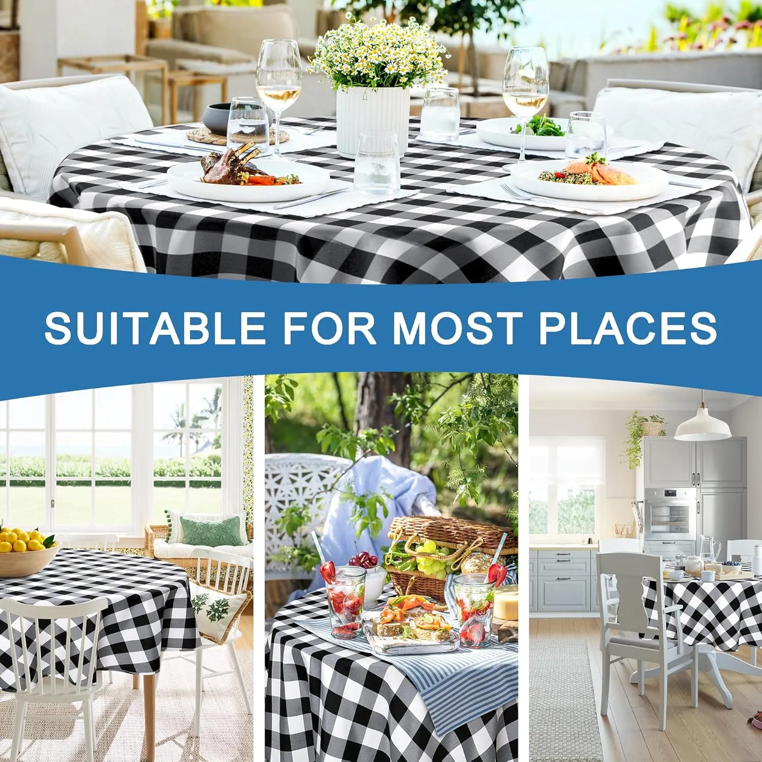 Hiasan Checkered Round Tablecloth 90 Inch - Waterproof Stain and Wrinkle Resistant Washable Fabric Table Cloth for Dining Room Party Outdoor Picnic, Black and White