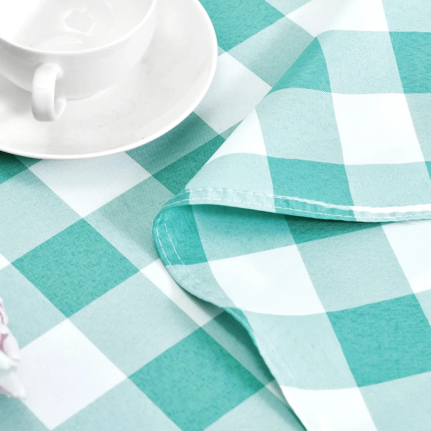 Hiasan Checkered Round Tablecloth 90 Inch - Waterproof Stain and Wrinkle Resistant Washable Fabric Table Cloth for Dining Room Party Outdoor Picnic,Aqua and White