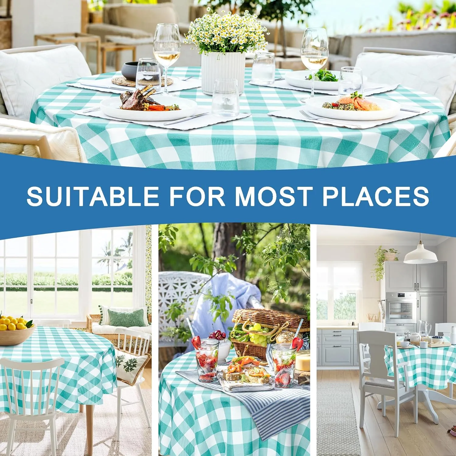 Hiasan Checkered Round Tablecloth 90 Inch - Waterproof Stain and Wrinkle Resistant Washable Fabric Table Cloth for Dining Room Party Outdoor Picnic,Aqua and White