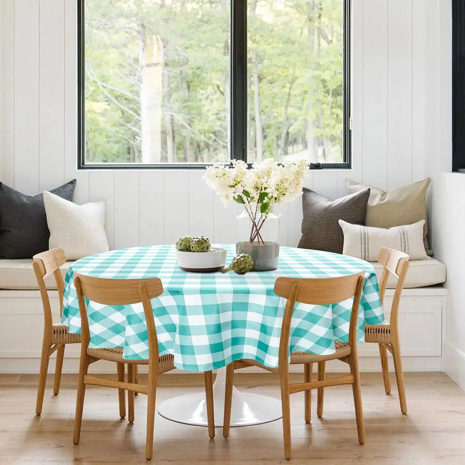 Hiasan Checkered Round Tablecloth 90 Inch - Waterproof Stain and Wrinkle Resistant Washable Fabric Table Cloth for Dining Room Party Outdoor Picnic,Aqua and White