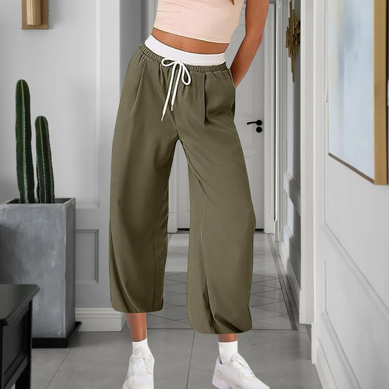 Hiking Pants Women Lightweight Travel Athletic Elastic Waist Cargo Pants Baggy Drawstring Joggers Sweatpants
