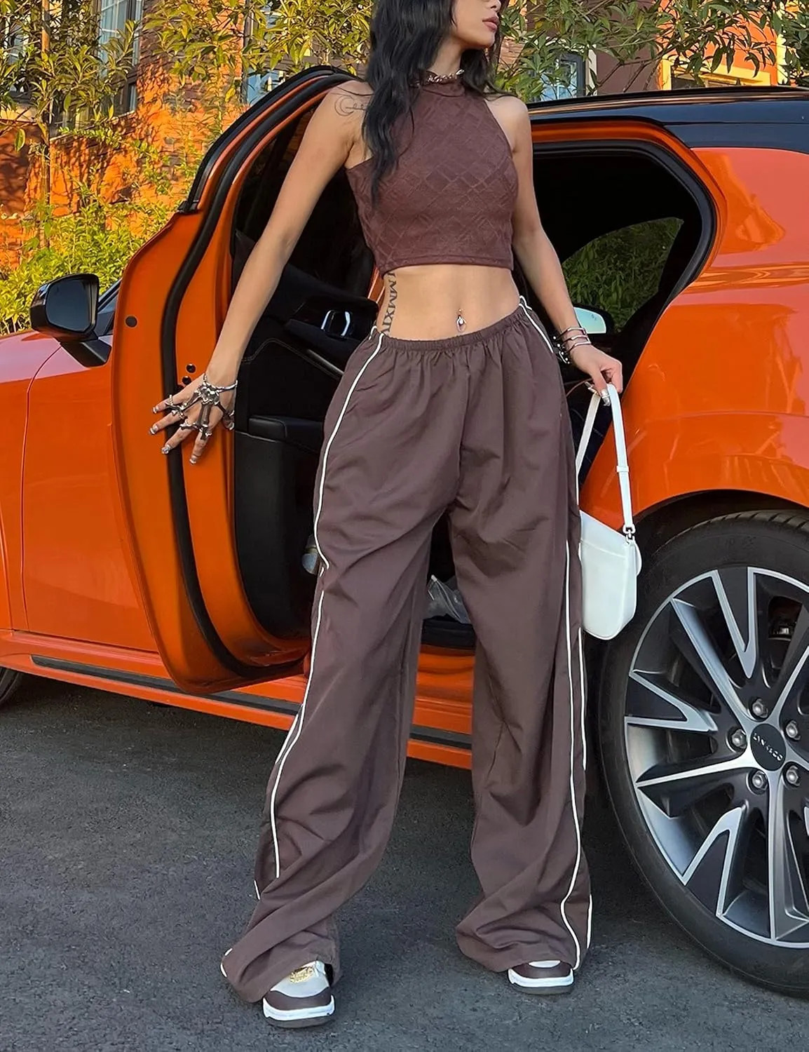Himosyber Women's Parachute Pants Baggy Elasitc Waist Relaxed Y2K Track Pant Trousers