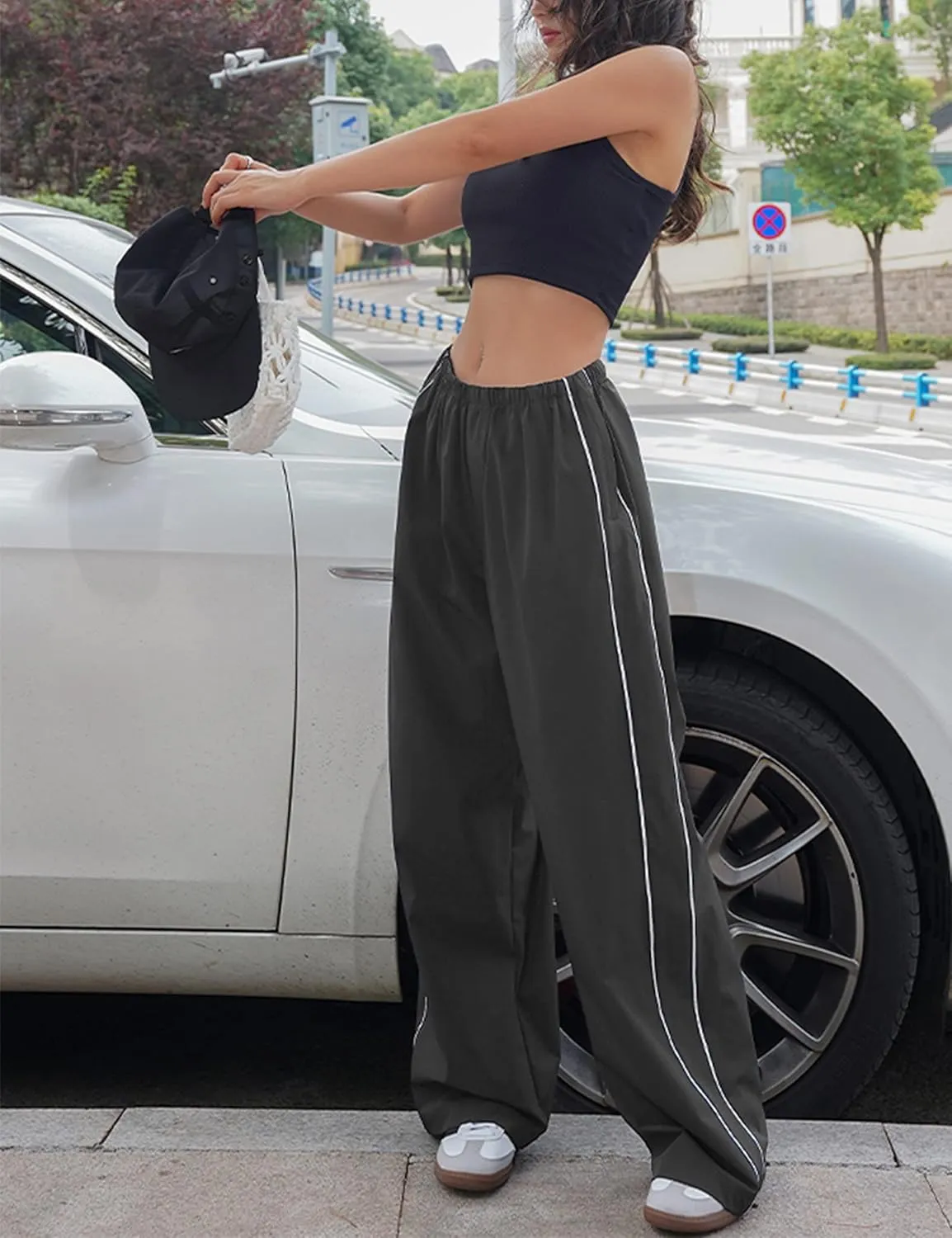 Himosyber Women's Parachute Pants Baggy Elasitc Waist Relaxed Y2K Track Pant Trousers