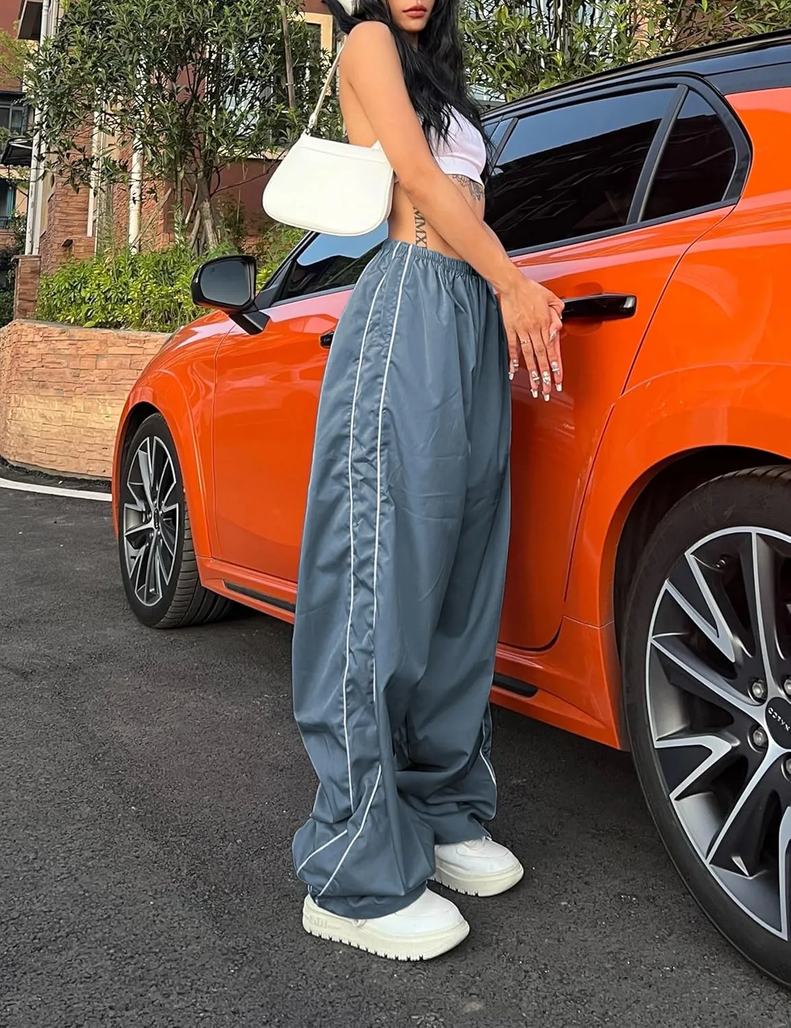 Himosyber Women's Parachute Pants Baggy Elasitc Waist Relaxed Y2K Track Pant Trousers