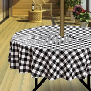 Hipinger Vinyl Round Fitted Tablecloth with Zipper and Umbrella Hole, Oil Waterproof PVC Table Cover 60 Inch Round, Black and White Checkered, 60" Round-Zippered