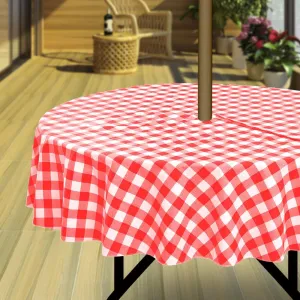Hipinger Vinyl Round Tablecloth with Zipper and Umbrella Hole, Outdoor Oil Waterproof Stain Resisteant PVC Table Cover for Party, Picnic and Patio 60 Inch Round, Red and White Checkered