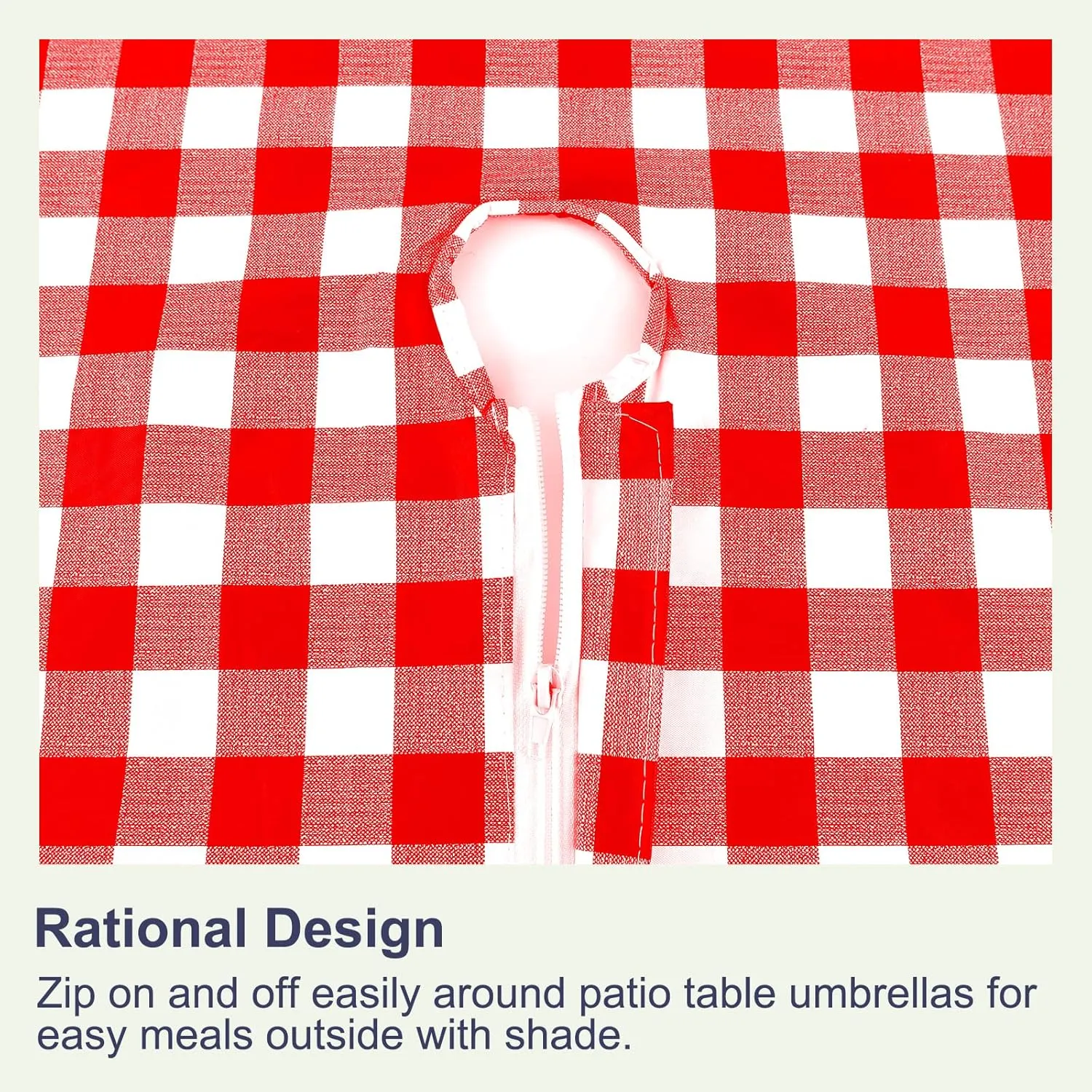 Hipinger Vinyl Round Tablecloth with Zipper and Umbrella Hole, Outdoor Oil Waterproof Stain Resisteant PVC Table Cover for Party, Picnic and Patio 60 Inch Round, Red and White Checkered