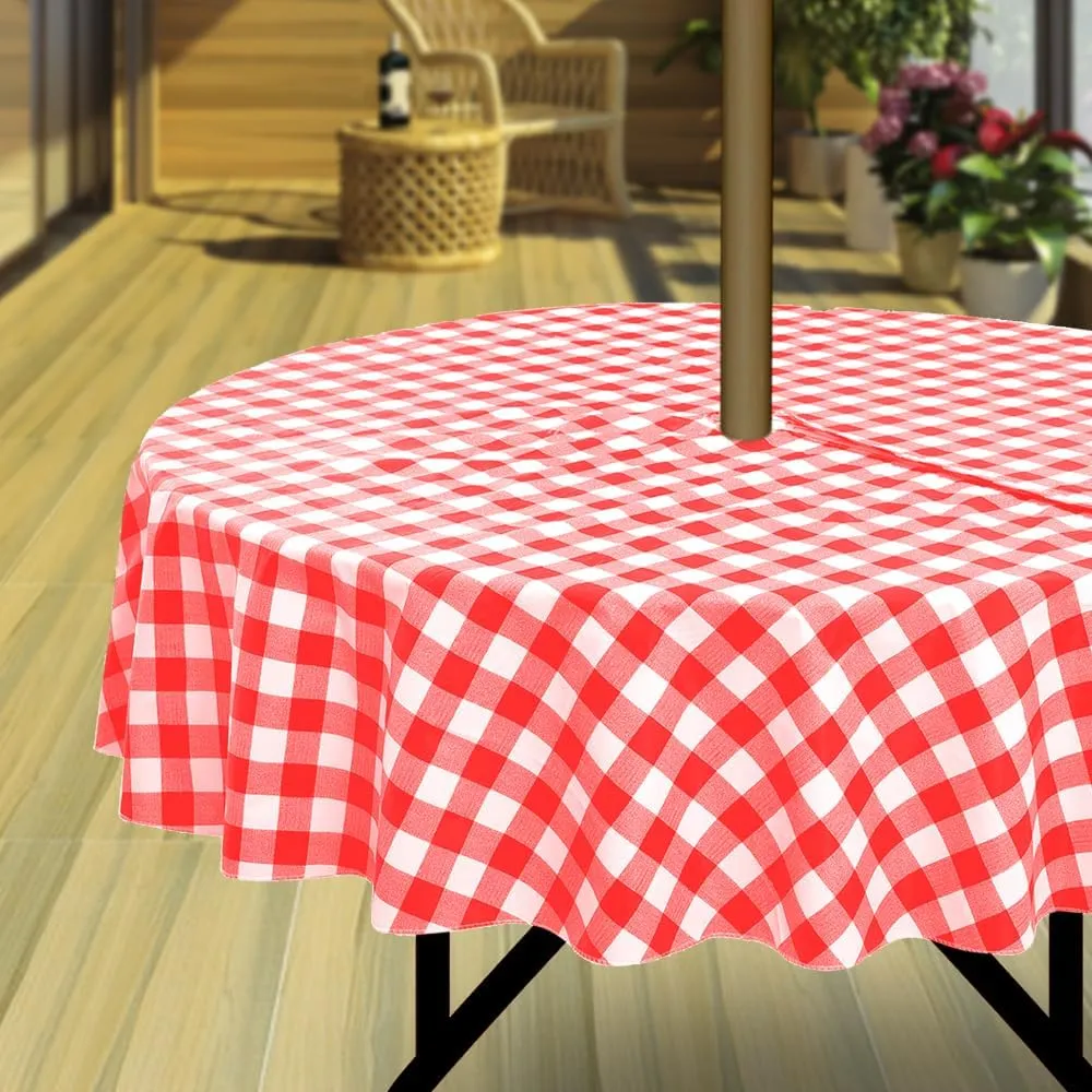 Hipinger Vinyl Round Tablecloth with Zipper and Umbrella Hole, Outdoor Oil Waterproof Stain Resisteant PVC Table Cover for Party, Picnic and Patio 60 Inch Round, Red and White Checkered