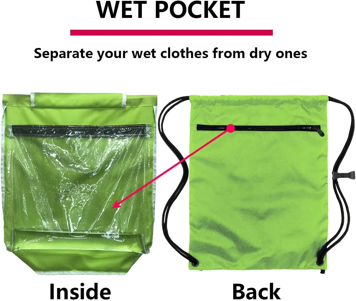 HOLYLUCK Packable Drawstring Sackpack Wet Pocket with Zipper and Water Bottle Mesh Pockets (Green)