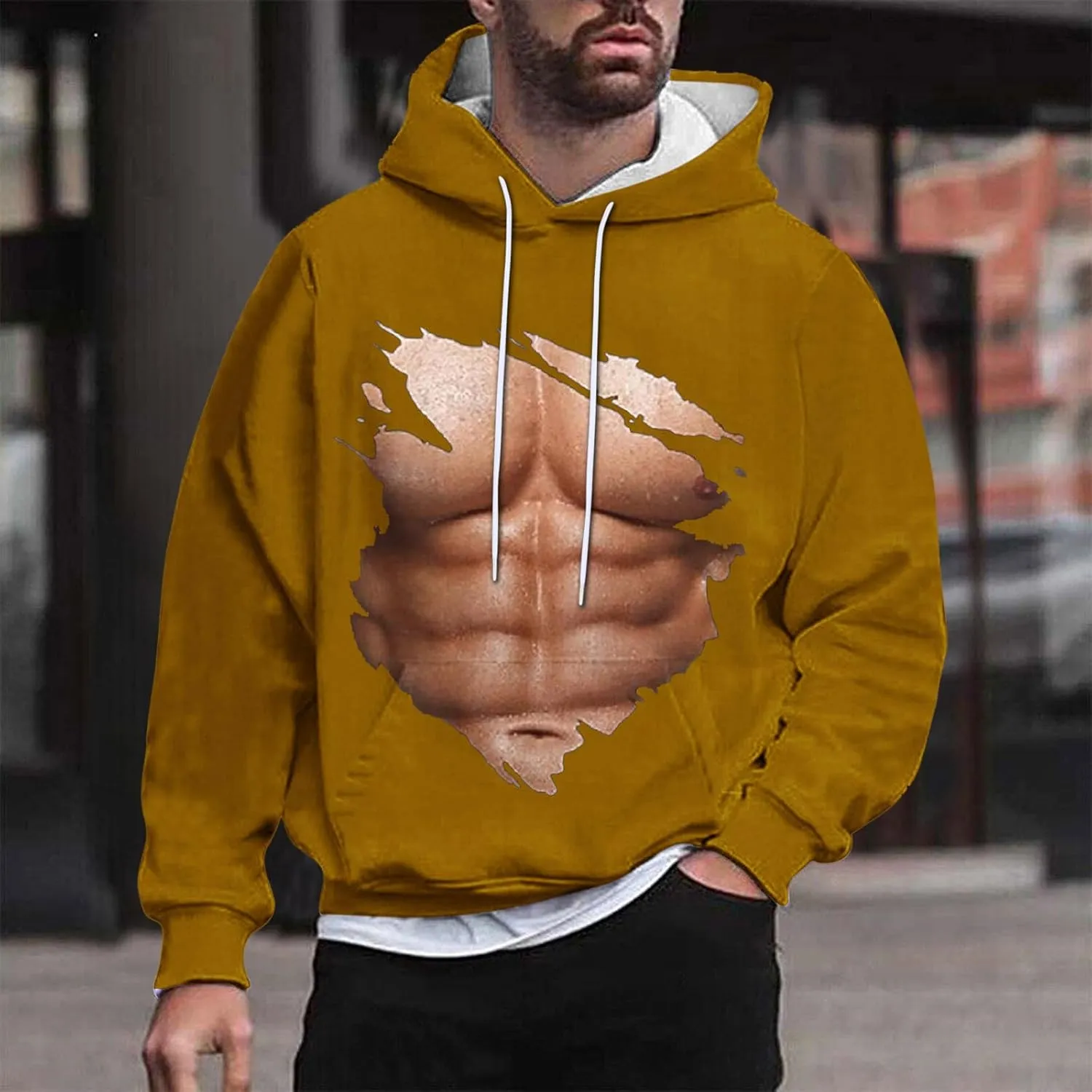 Hoodies for Men Pullover Mens Workout Muscle Print Hooded Sweatshirts Causal Loose Drawstring Long Sleeve Shirts