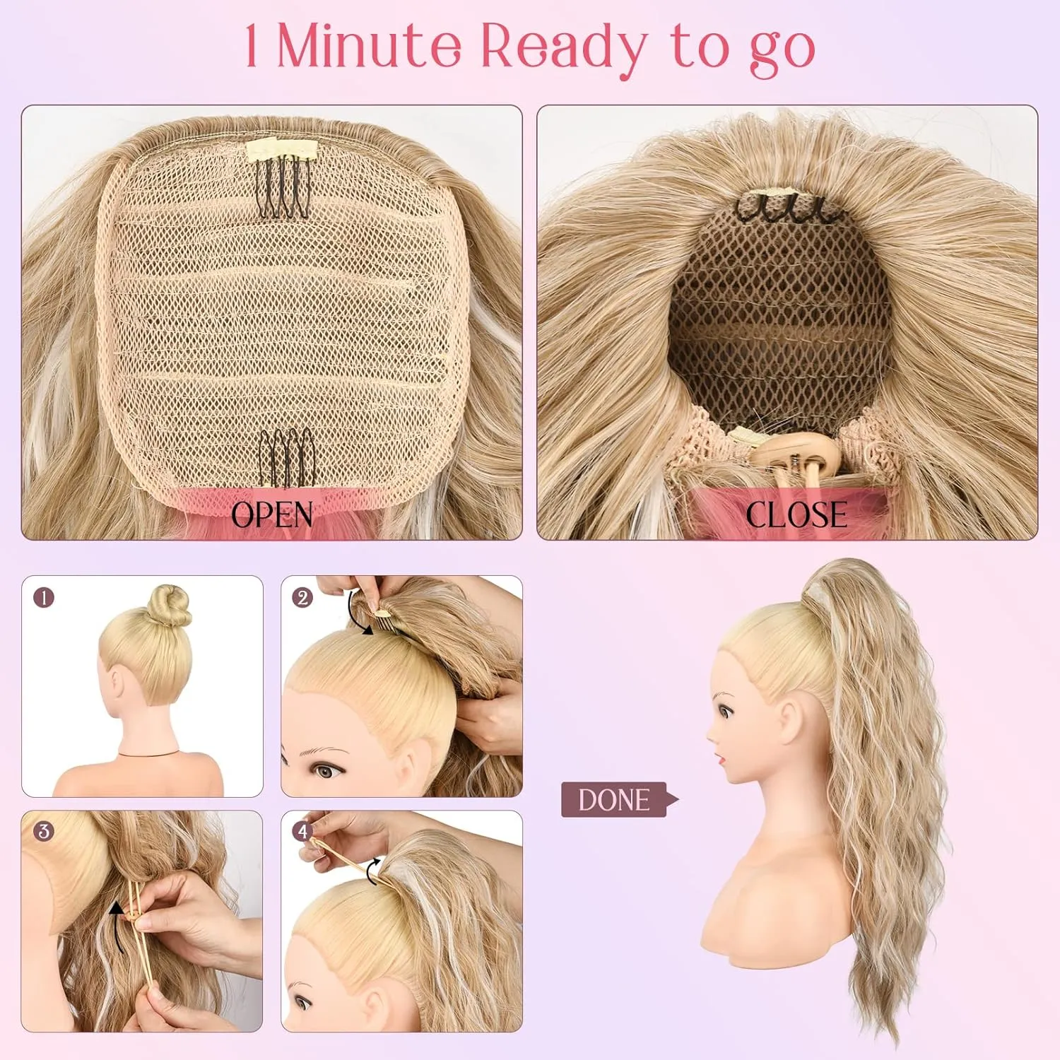 HOOJIH Ponytail Extension, Drawstring Ponytail Hair Extensions 26 Inch Long Curly Wavy Ponytail Natural Wavy Synthetic Hairpiece for Women Daily Use - Light Golden Blonde with White Blonde