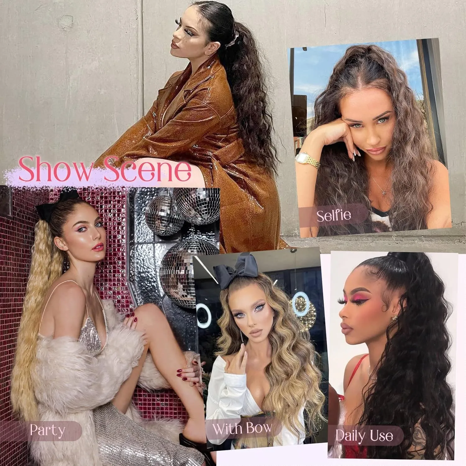 HOOJIH Ponytail Extension, Drawstring Ponytail Hair Extensions 26 Inch Long Curly Wavy Ponytail Natural Wavy Synthetic Hairpiece for Women Daily Use - Light Golden Blonde with White Blonde