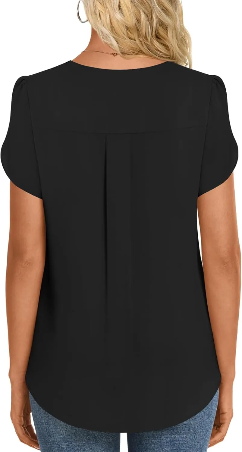 HOTGIFT Womens Blouse 2025 Summer Short Sleeve V Neck Buttons Chiffon Tops M-3XL