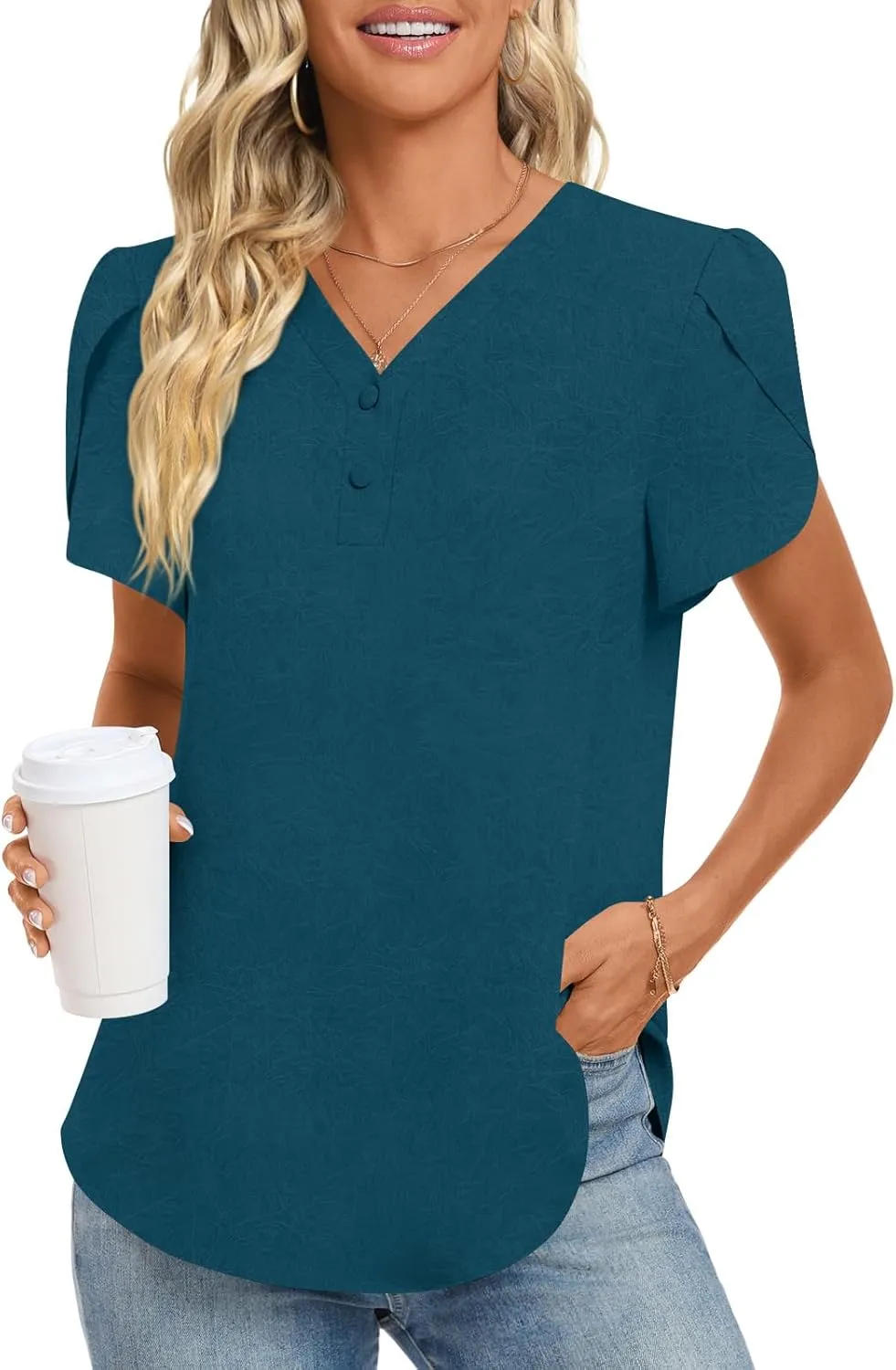 HOTGIFT Womens Blouse 2025 Summer Short Sleeve V Neck Buttons Chiffon Tops M-3XL