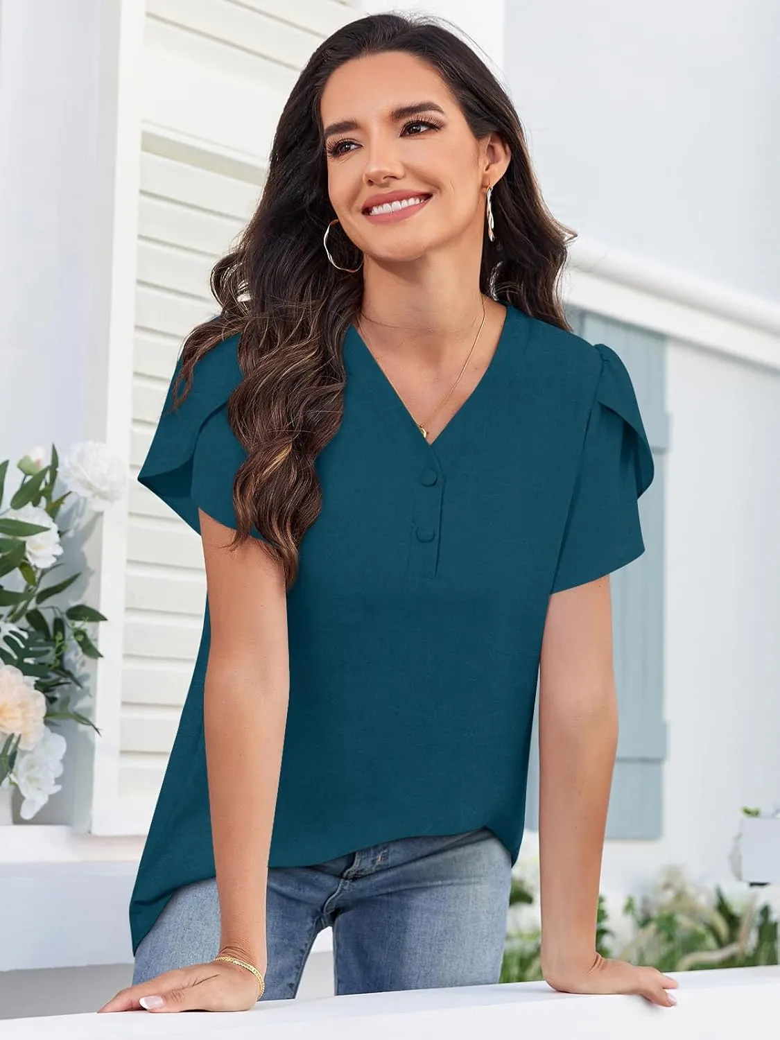 HOTGIFT Womens Blouse 2025 Summer Short Sleeve V Neck Buttons Chiffon Tops M-3XL