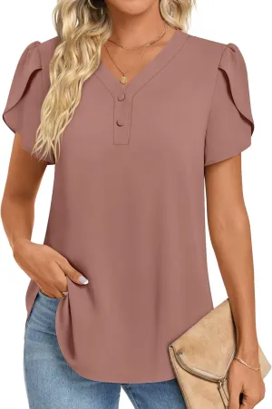 HOTGIFT Womens Blouse 2025 Summer Short Sleeve V Neck Buttons Chiffon Tops M-3XL