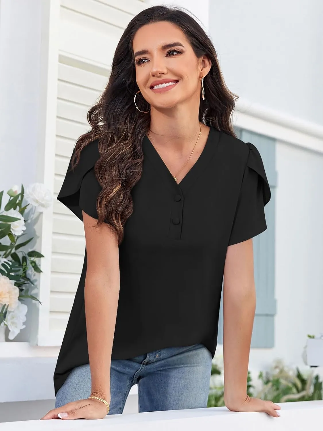 HOTGIFT Womens Blouse 2025 Summer Short Sleeve V Neck Buttons Chiffon Tops M-3XL