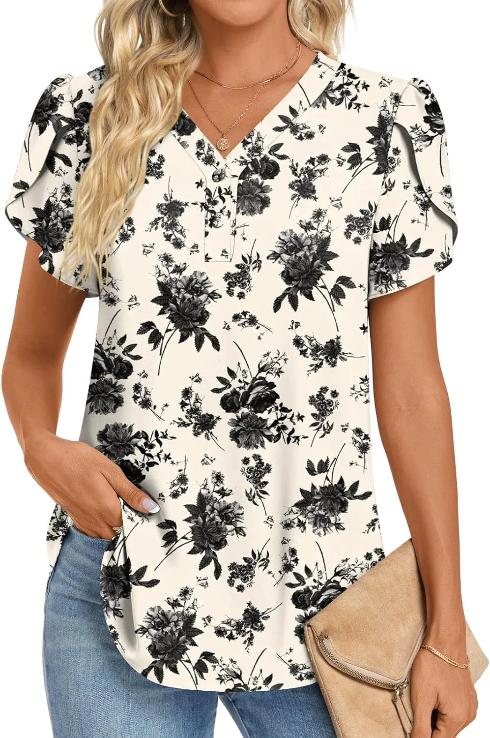 HOTGIFT Womens Blouse 2025 Summer Short Sleeve V Neck Buttons Chiffon Tops M-3XL