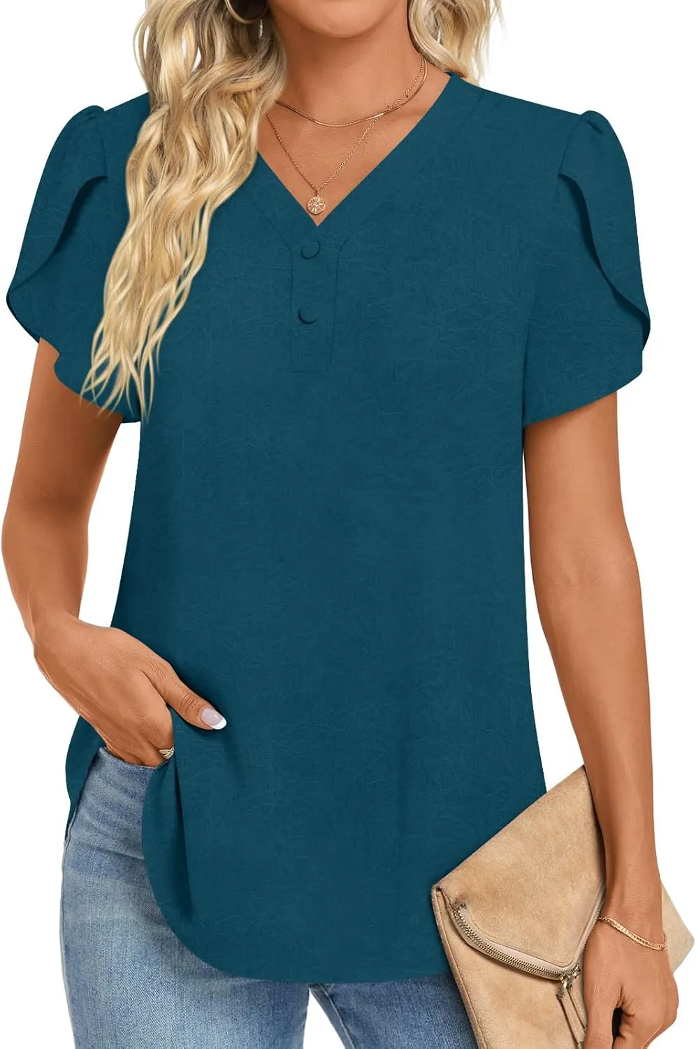 HOTGIFT Womens Blouse 2025 Summer Short Sleeve V Neck Buttons Chiffon Tops M-3XL
