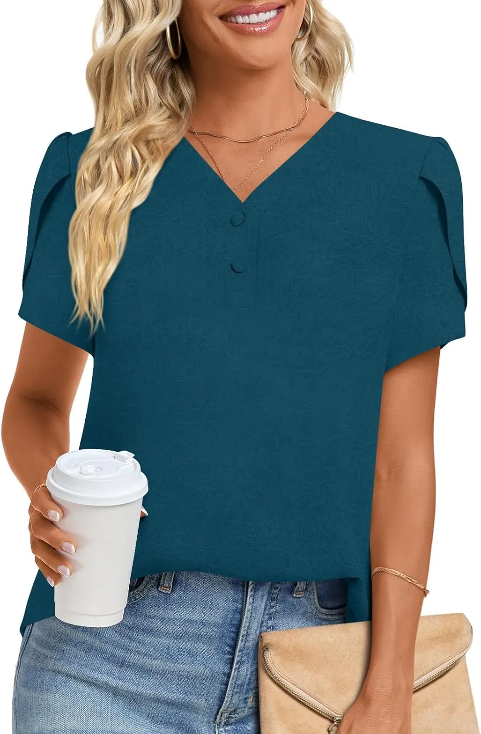 HOTGIFT Womens Blouse 2025 Summer Short Sleeve V Neck Buttons Chiffon Tops M-3XL