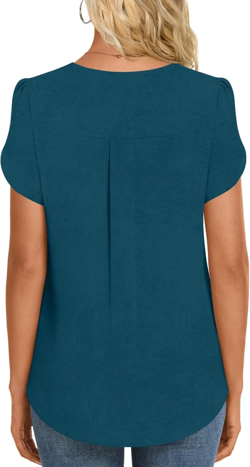 HOTGIFT Womens Blouse 2025 Summer Short Sleeve V Neck Buttons Chiffon Tops M-3XL