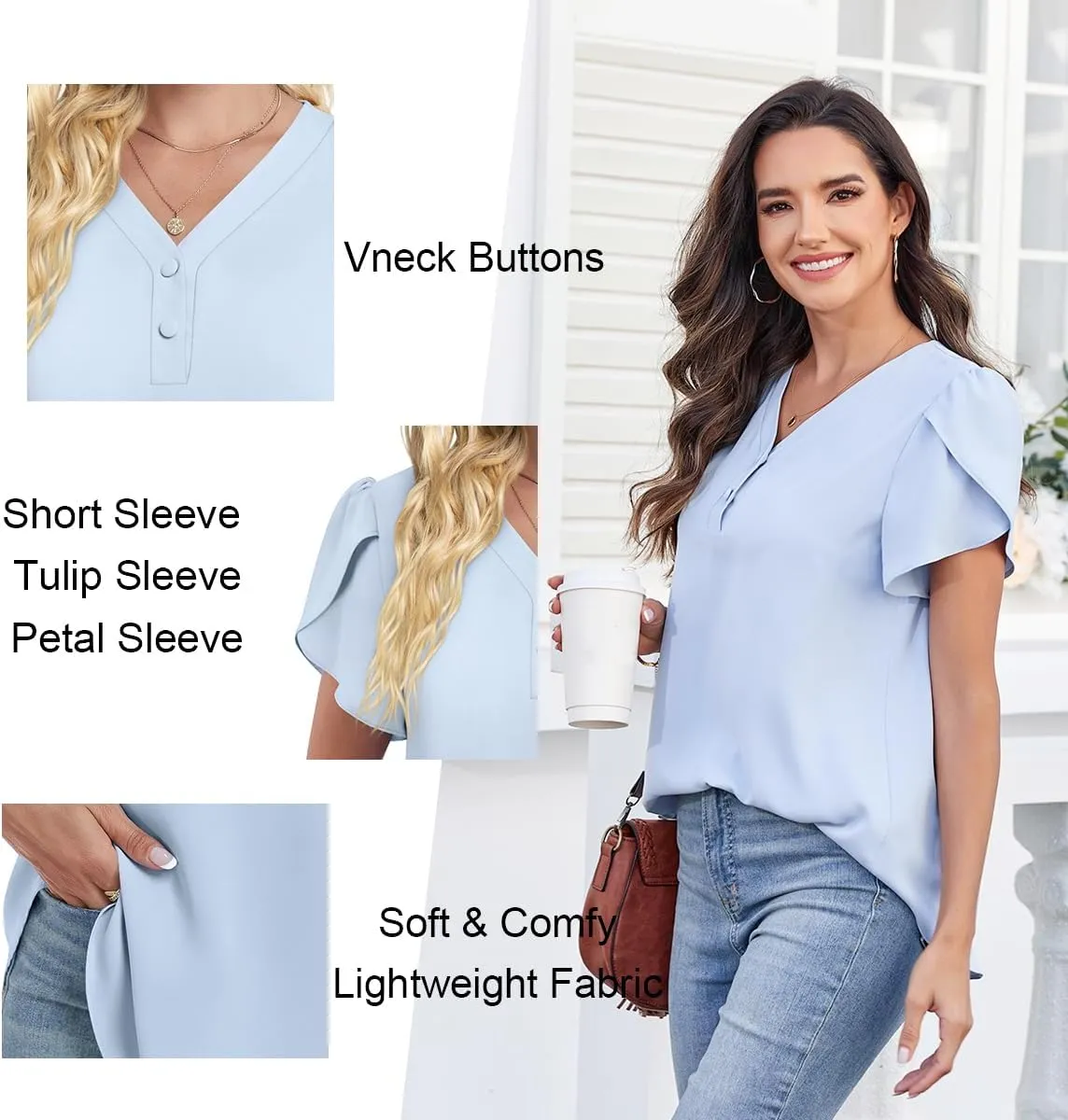 HOTGIFT Womens Blouse 2025 Summer Short Sleeve V Neck Buttons Chiffon Tops M-3XL