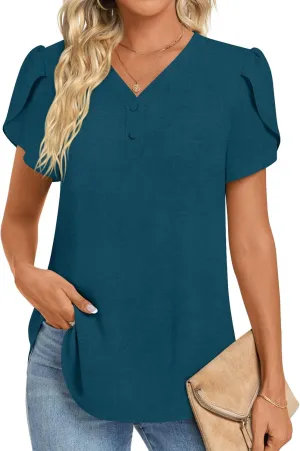 HOTGIFT Womens Blouse 2025 Summer Short Sleeve V Neck Buttons Chiffon Tops M-3XL