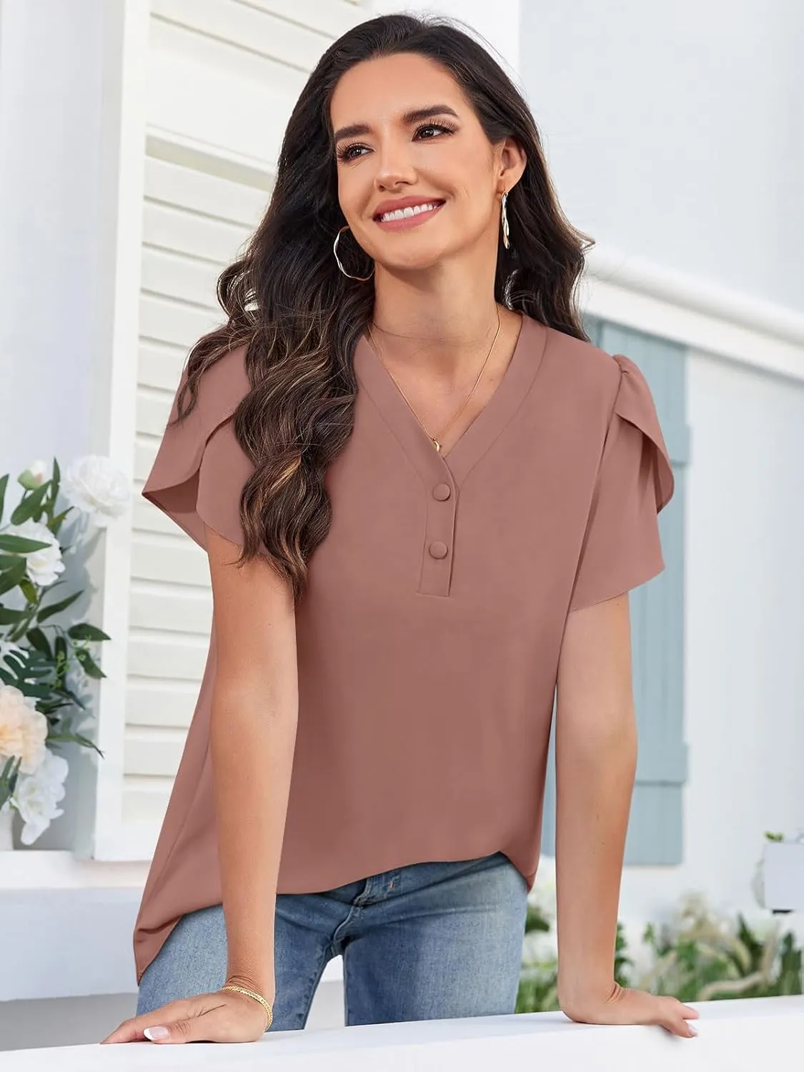 HOTGIFT Womens Blouse 2025 Summer Short Sleeve V Neck Buttons Chiffon Tops M-3XL