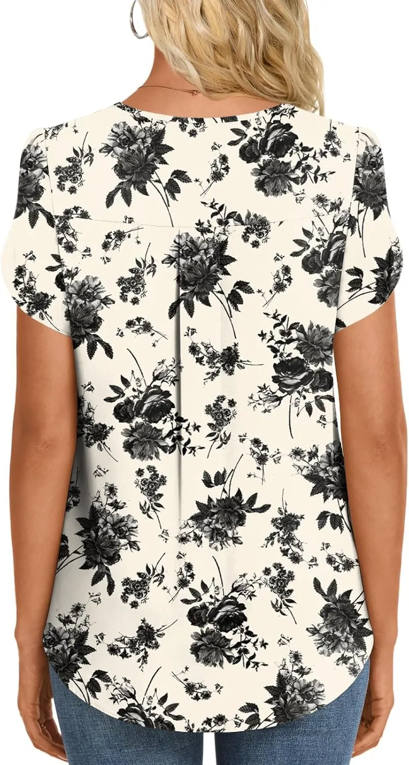 HOTGIFT Womens Blouse 2025 Summer Short Sleeve V Neck Buttons Chiffon Tops M-3XL