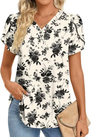 HOTGIFT Womens Blouse 2025 Summer Short Sleeve V Neck Buttons Chiffon Tops M-3XL