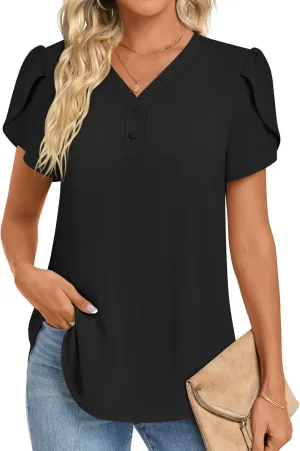 HOTGIFT Womens Blouse 2025 Summer Short Sleeve V Neck Buttons Chiffon Tops M-3XL