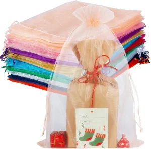 HRX Package 100pcs Large Organza Bags, 8x12 inch Mesh Gift Drawstring Pouches Goodie Bags Assorted Colors for Christmas Shower Party Favors Samples